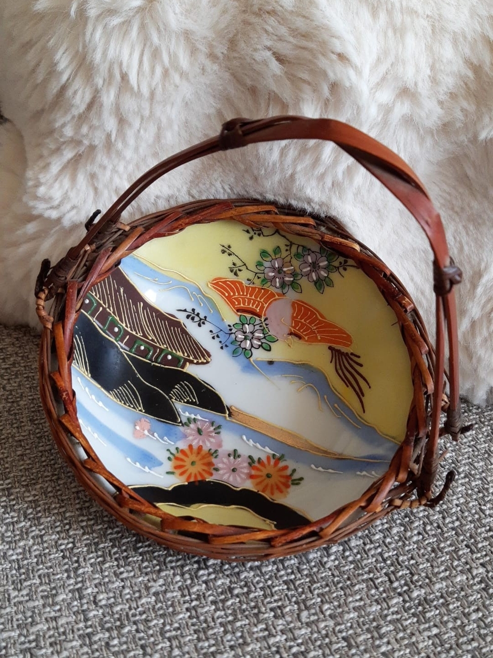 Rare Antique Japanese Satsuma Wicker Handled Porcelain Bowl